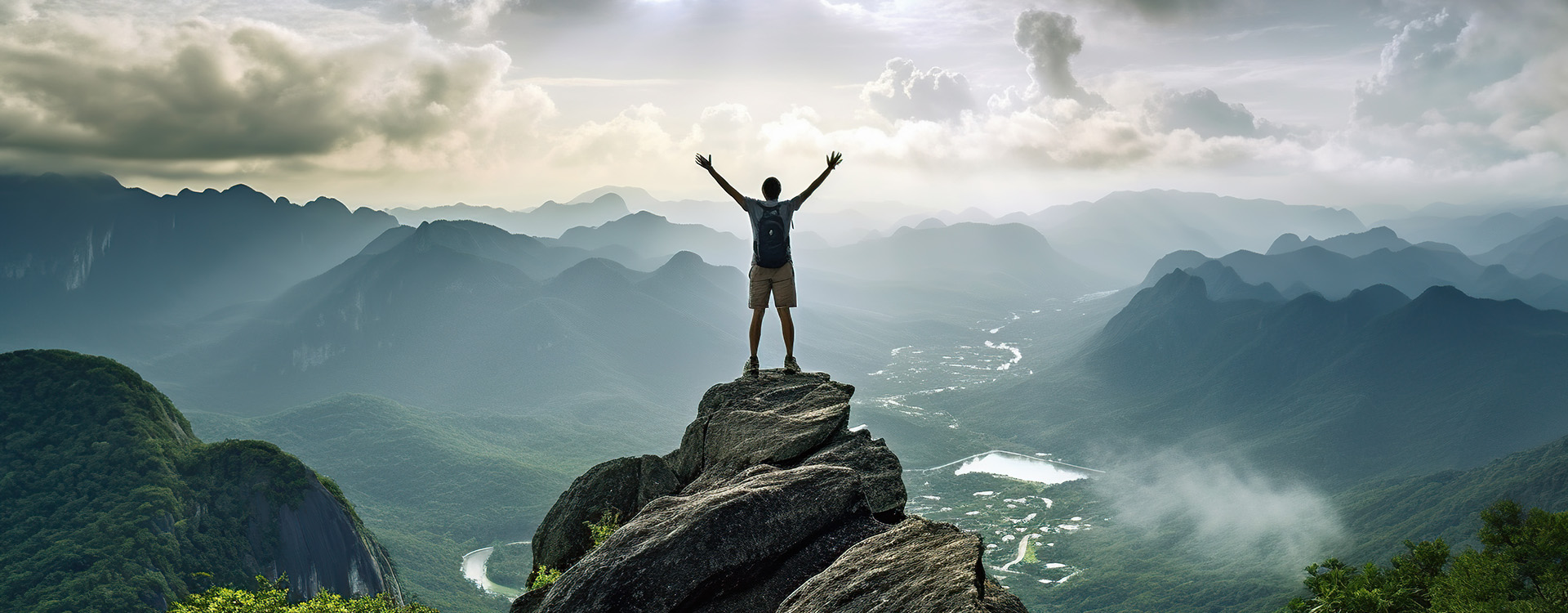a hiker celebrating reaching the top