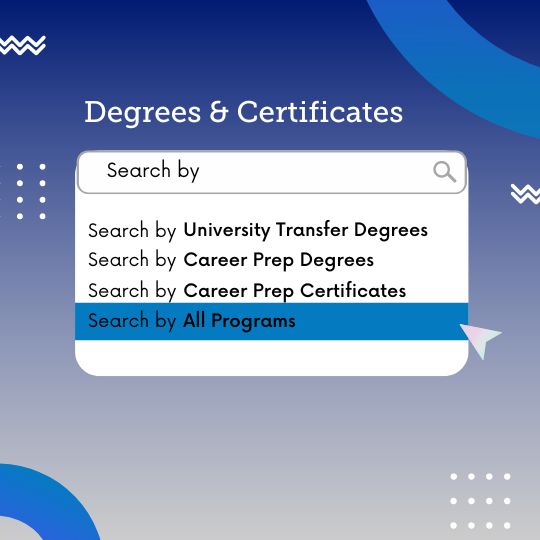 the different options to search for degrees and certifications
