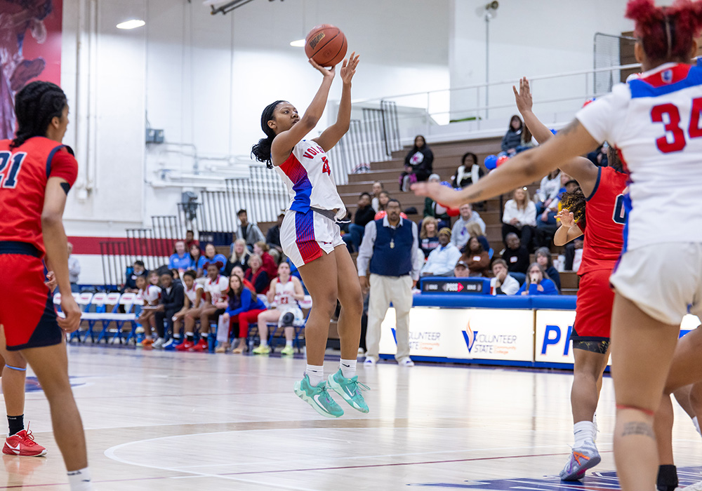 Vol State female basketball player taking a shot at the basket on February 7