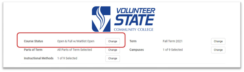 Image depicting Course Status Change button location and Open & Full w/Waitlist Open option selected. 