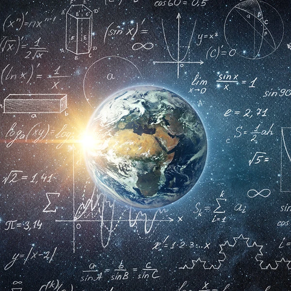 planet earth in front of a chalkboard with math forumlas written on it