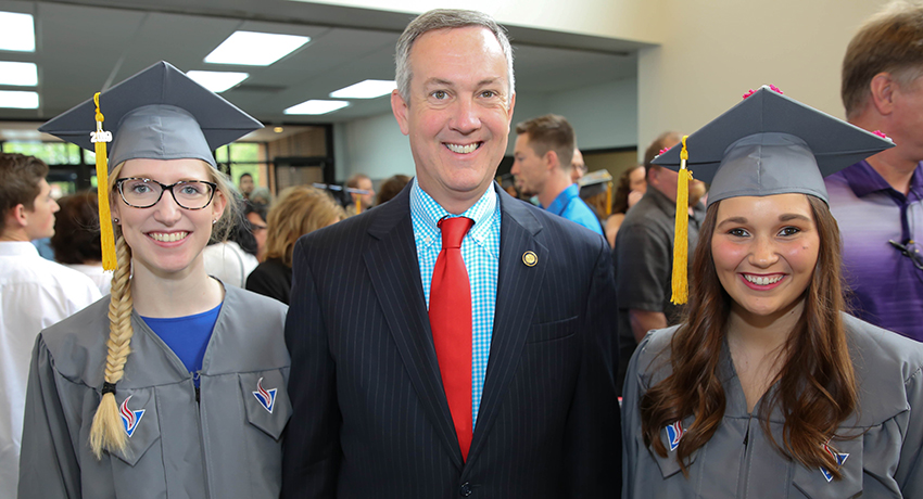 Tennessee Secretary of State Tre Hargett addressed the graduates. He is shown here with Natalie Robertson of Cookeville and Summer Donoho of Carthage.