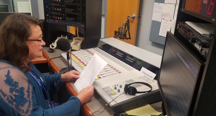 Vol State student Katie Burke in the WVCP-FM studios on the campus in Gallatin.