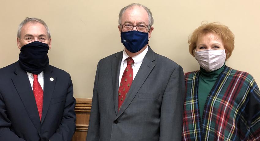Presenting the resolution (left to right): Wilson County Mayor Randall Hutto, Jerry Faulkner, Vol State president; and Dr. Donna Wright, director of Wilson County Schools.  
