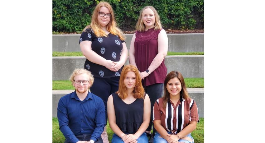 Alice in Wonderland actors. Bottom left to right: Landon Klapwyk, Kyra Siciliano, and Emily Ruiz. Top left to right: Del Sherman and Becca Moore.
