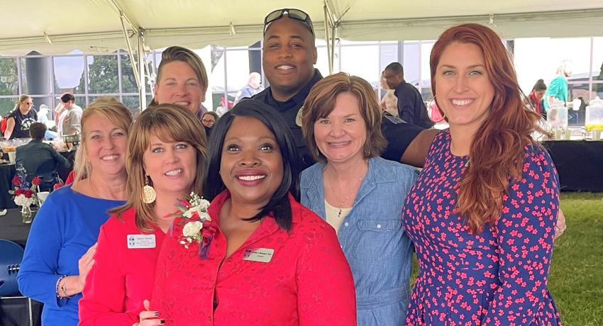 Vol State President Orinthia Montague (center) with staff members at the event. Left to right: Lesa Cross and Janice Herrin, Public Relations; Campus Police Chief Angie Lawson and Officer Mondricus McKinley; Vice President for Business and Finance, Beth Carpenter; and Joey Bowling, Manager of Payroll Services. 