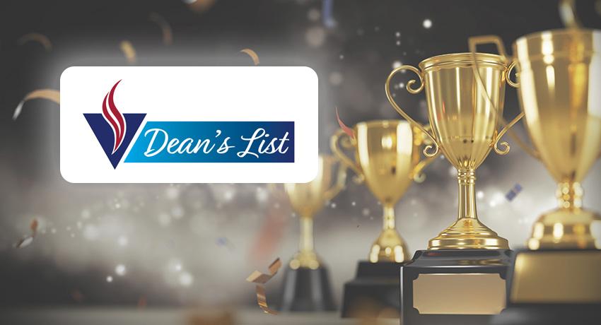 a row of gold trophies with a black background, with VS Dean's list logo on front