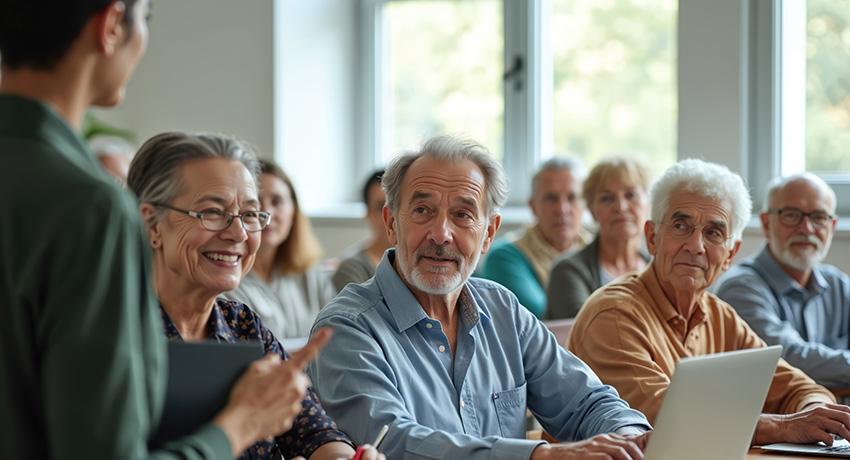 senior citizens listening to a teacher in a classroom