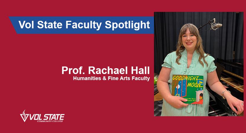 Adjunct Professor Rachael Hall stands in front of a piano holding the children's book "Goodnight Moon"