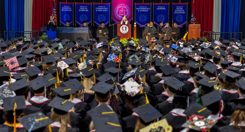 looking at the front stage at the Spring 2026 Commencement
